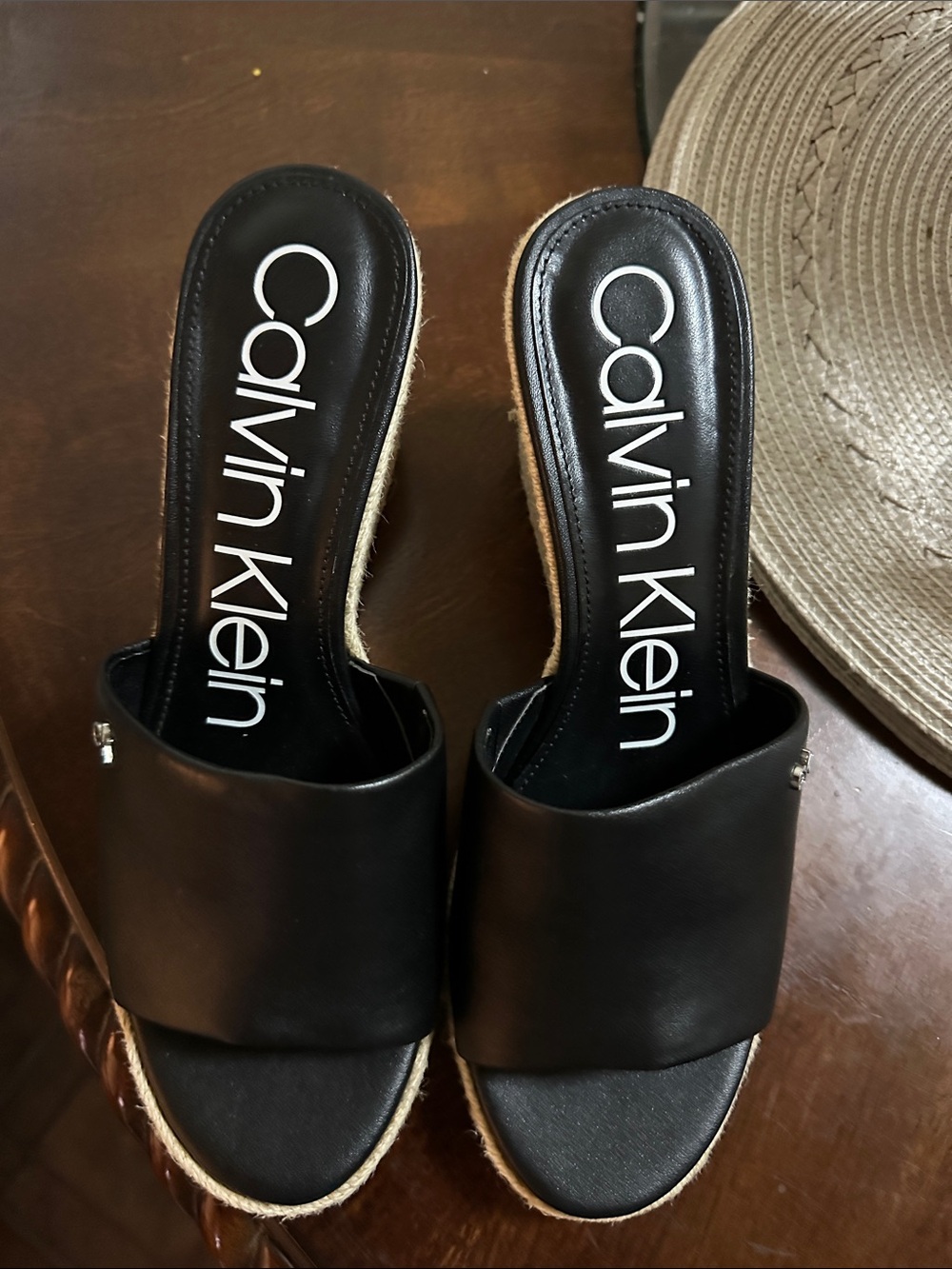 Calvin Klein Black Slide Mules with Natural Espadrille Trim